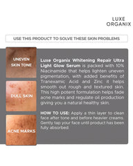 Luxe Organix ClinicalPRO Whitening Repair Serum benefits for dark spots acne marks and uneven skin tone
