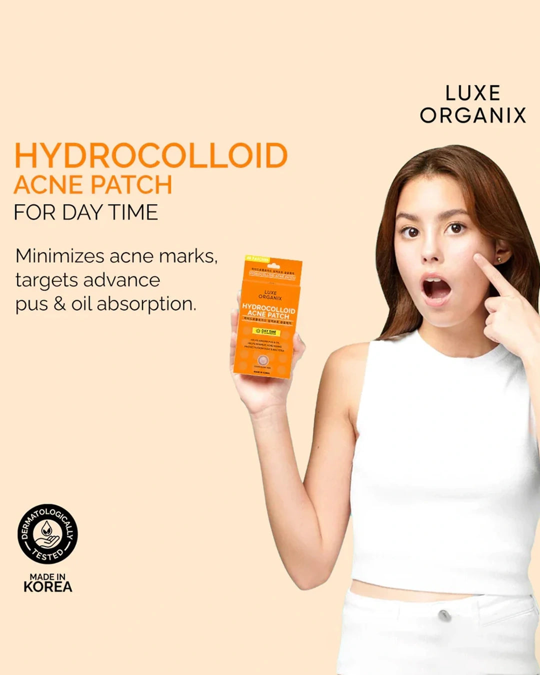 Model holding Luxe Organix Hydrocolloid Acne Patch Day Time with product packaging and daytime acne care messaging