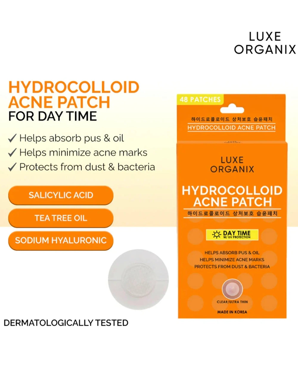 Luxe Organix Day Time Hydrocolloid Acne Patch benefits infographic showing 48 patches, salicylic acid, tea tree oil and sodium hyaluronate