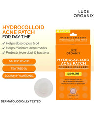 Luxe Organix Day Time Hydrocolloid Acne Patch benefits infographic showing 48 patches, salicylic acid, tea tree oil and sodium hyaluronate
