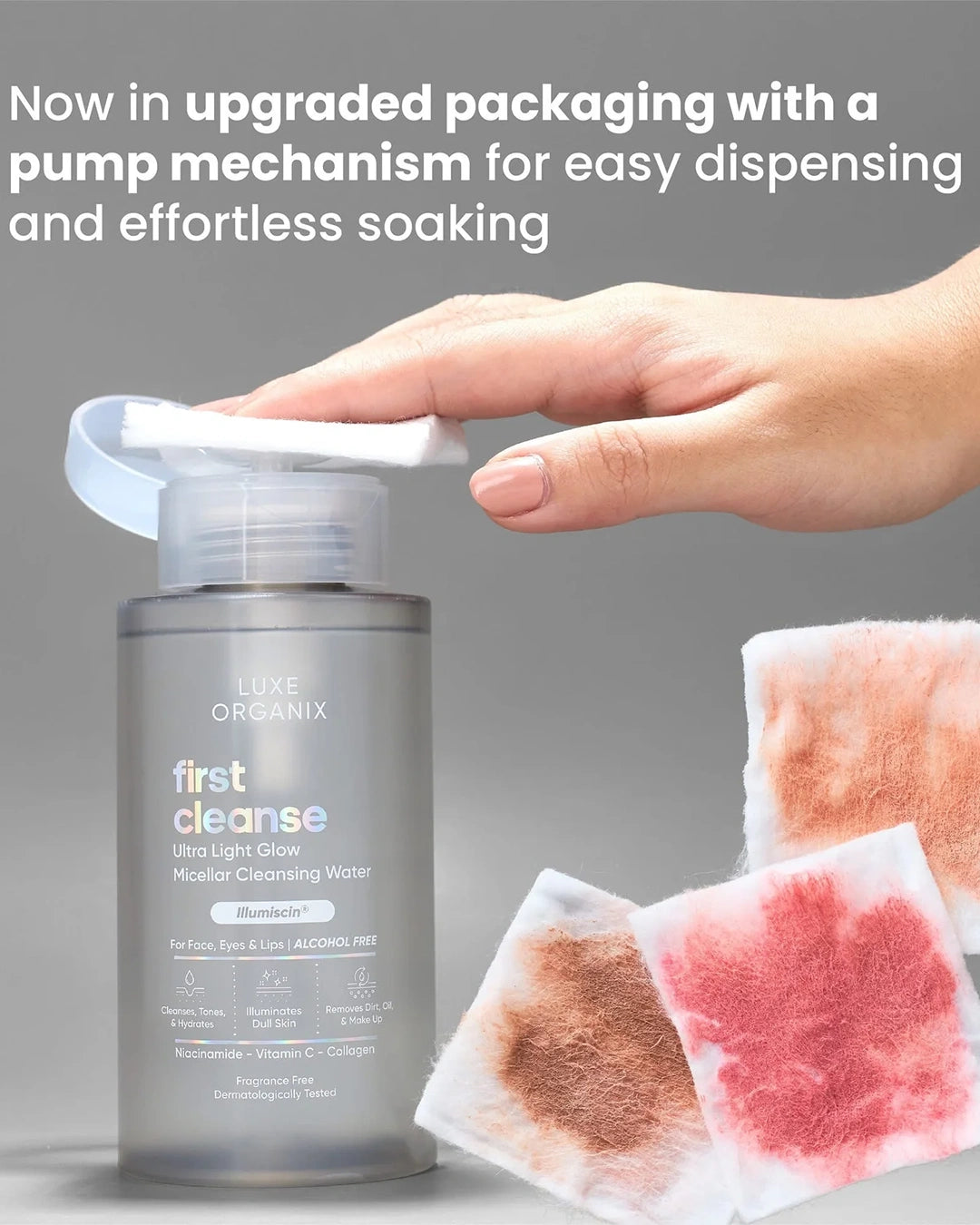 Luxe Organix First Cleanse Acne Derm+ Micellar Cleansing Water new pump mechanism with cleansing pads