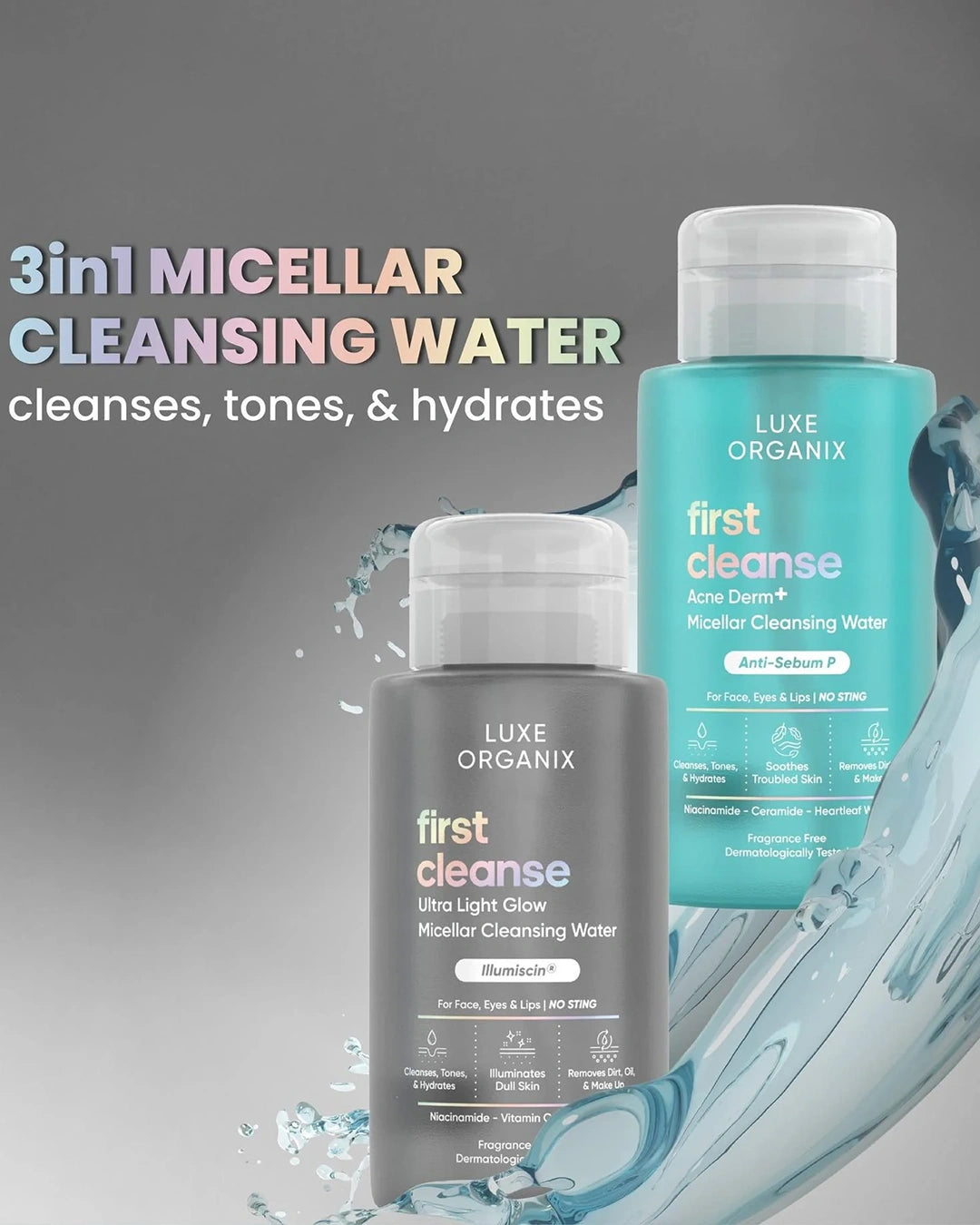 Luxe Organix First Cleanse 3-in-1 Micellar Cleansing Water Ultra Light Glow and Acne Derm+ 300ml