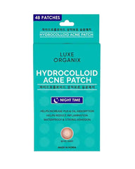 Luxe Organix Hydrocolloid Acne Patch Night Time 48 Patches in turquoise retail packaging on a white background