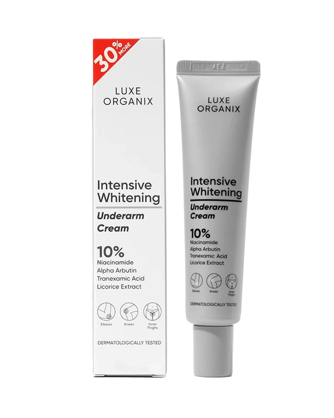 Luxe Organix Intensive Underarm Whitening Cream 40g front view with box and tube for underarm brightening care