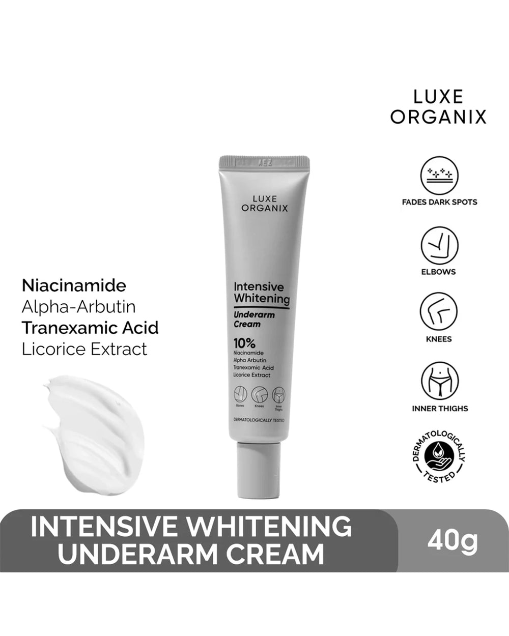 Luxe Organix Intensive Underarm Whitening Cream 40g promotional image showing brightening ingredients and underarm care benefits