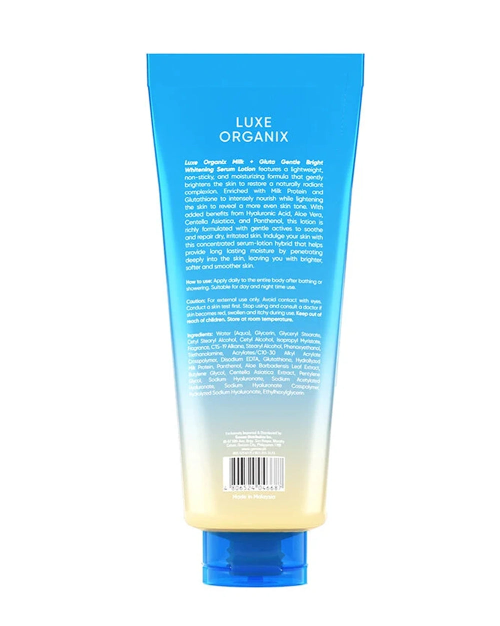 Back view of Luxe Organix Milk + Gluta Gentle Bright Whitening Serum Body Lotion 350ml showing ingredients directions and product information