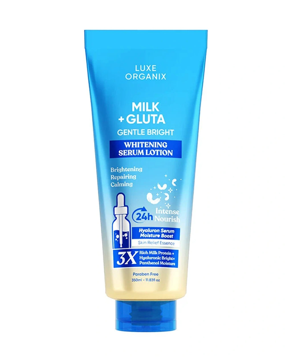 Luxe Organix Milk + Gluta Gentle Bright Whitening Serum Body Lotion 350ml front tube with glutathione and milk protein for brighter looking hydrated skin