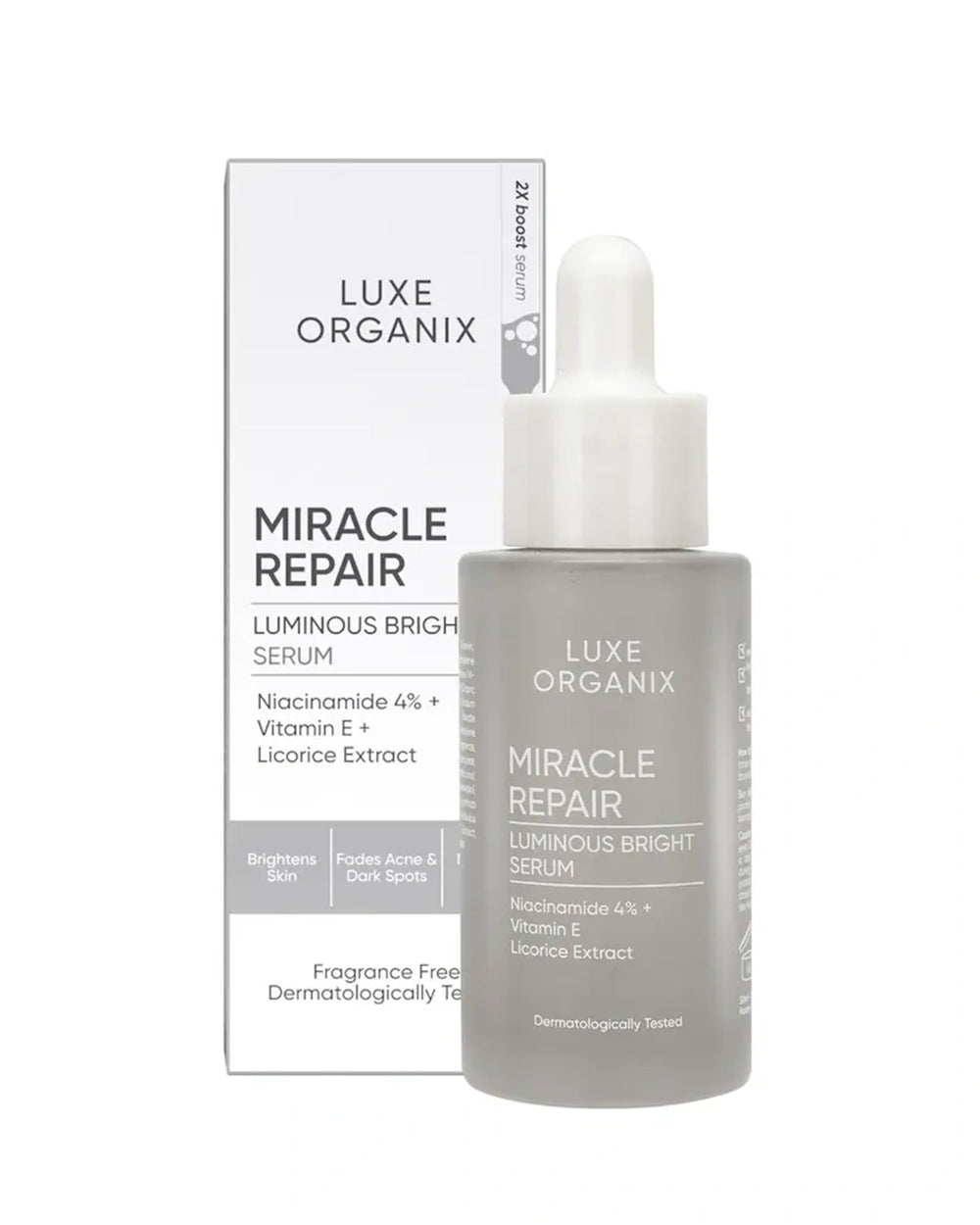 Luxe Organix Miracle Repair Luminous Bright Serum 30ml box and bottle with niacinamide 4%, vitamin E and licorice extract for brighter skin and dark spot care