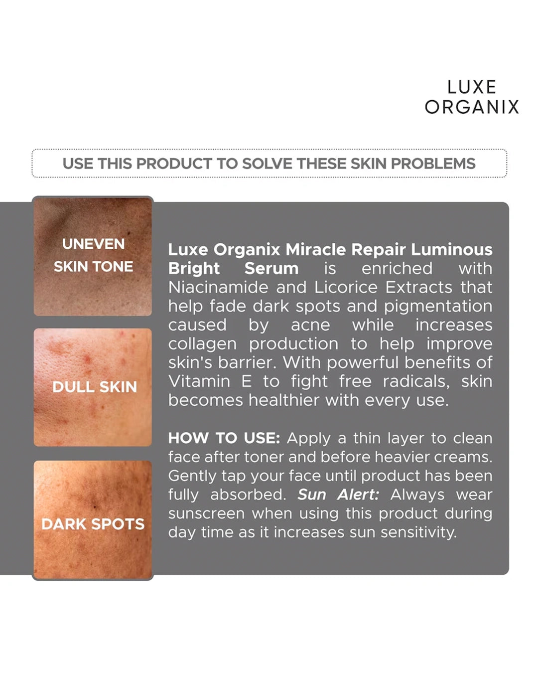 How to use Luxe Organix Miracle Repair Luminous Bright Serum 30ml for dull skin, dark spots, uneven tone and skin that needs brighter healthier-looking results
