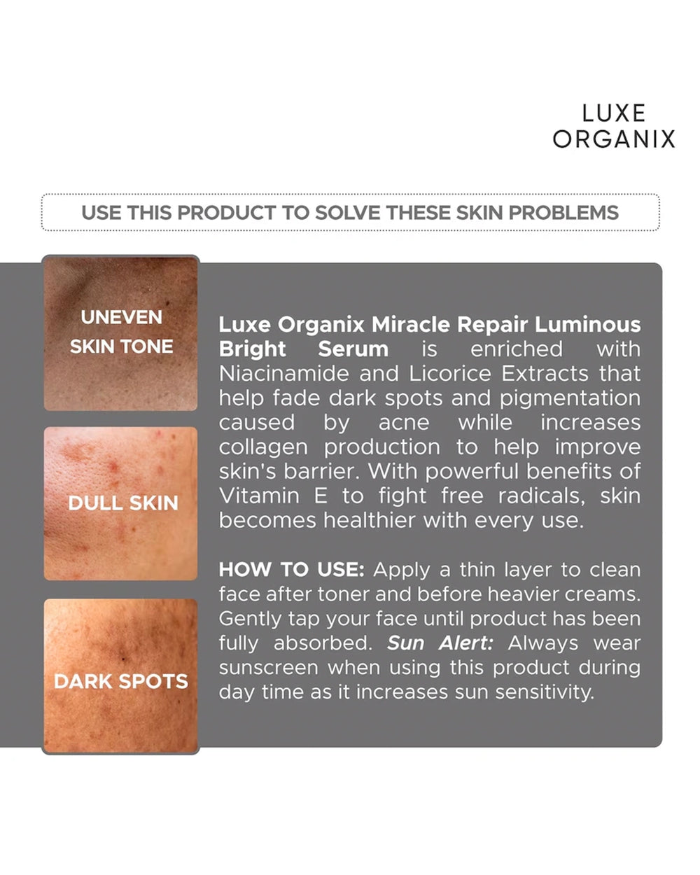 How to use Luxe Organix Miracle Repair Luminous Bright Serum 30ml for dull skin, dark spots, uneven tone and skin that needs brighter healthier-looking results