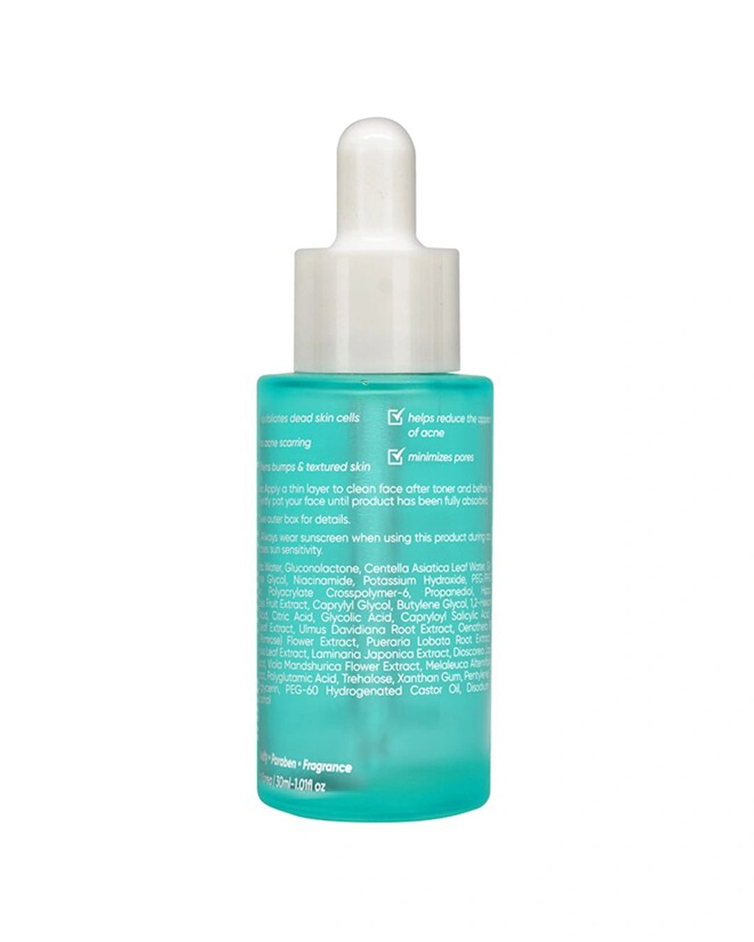 Back view of Luxe Organix Miracle Solutions Acne Derm+ Serum bottle