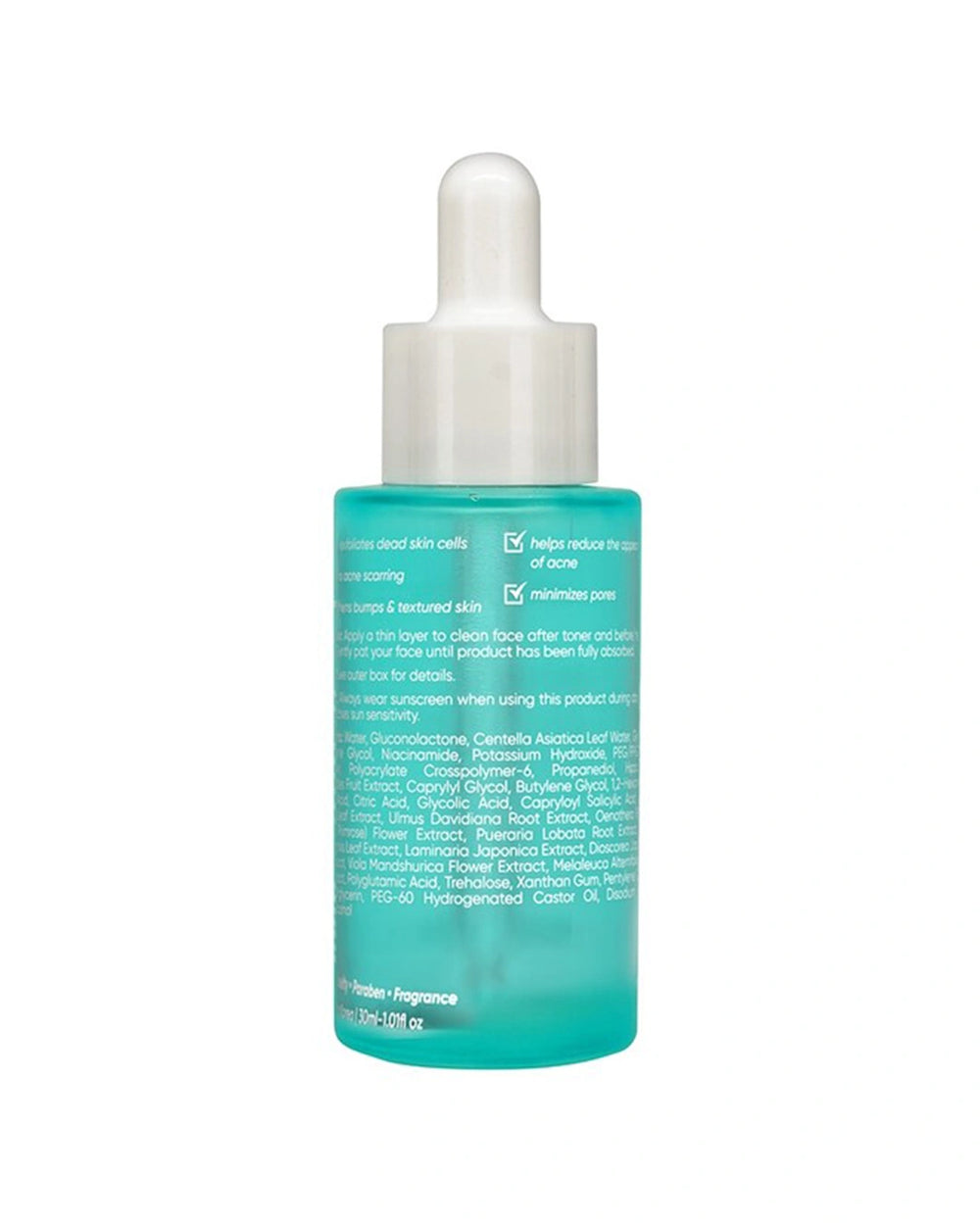 Back view of Luxe Organix Miracle Solutions Acne Derm+ Serum bottle