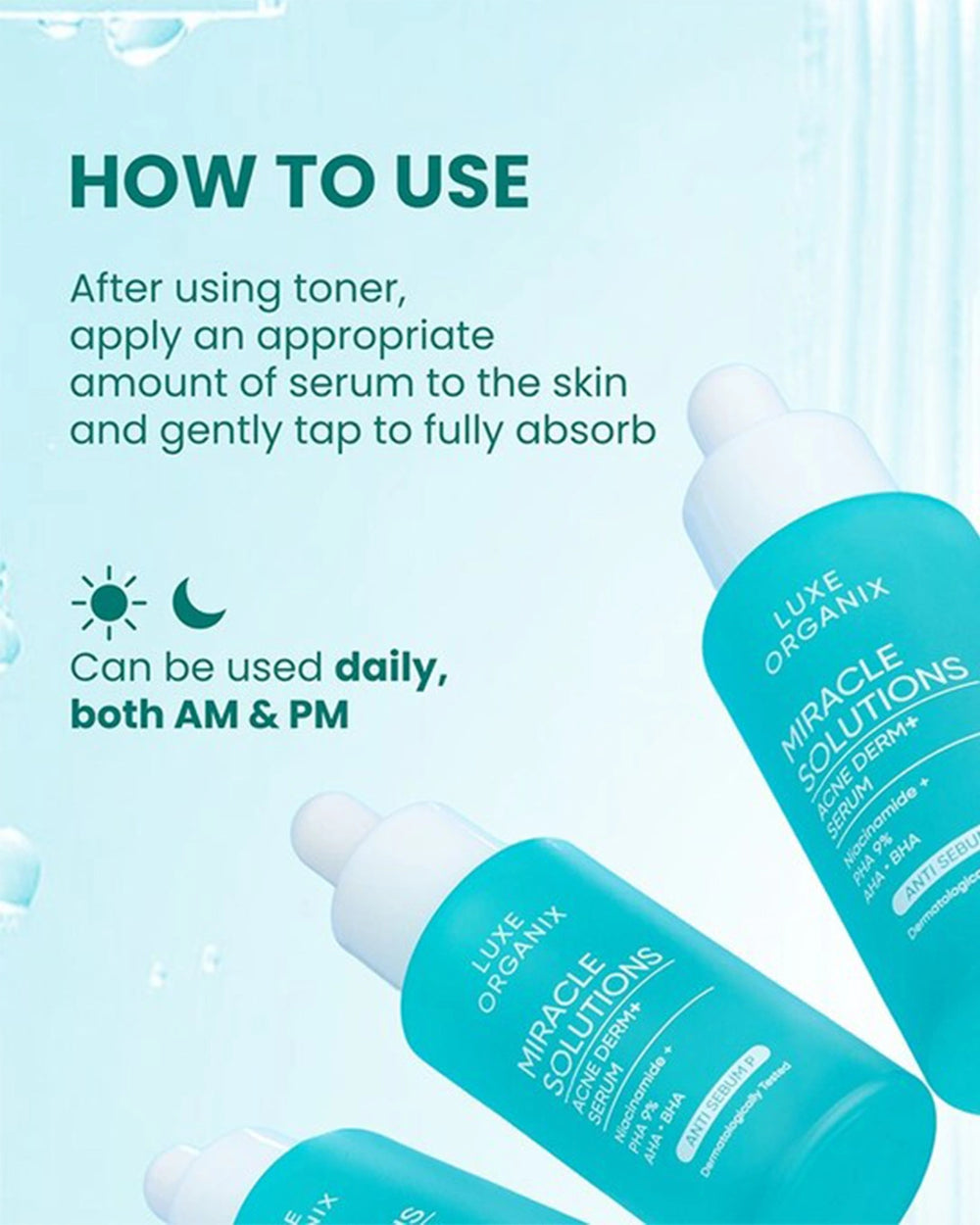 How to use Luxe Organix Miracle Solutions Acne Derm+ Serum in a daily skincare routine