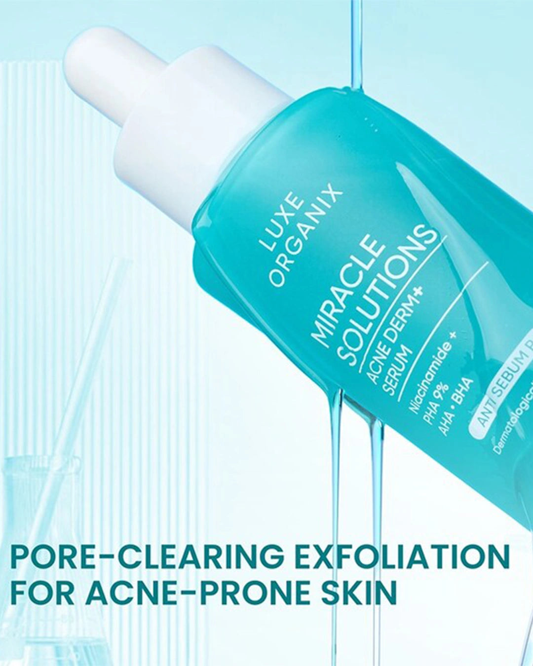 Luxe Organix Miracle Solutions Acne Derm+ Serum for pore-clearing exfoliation on acne-prone skin