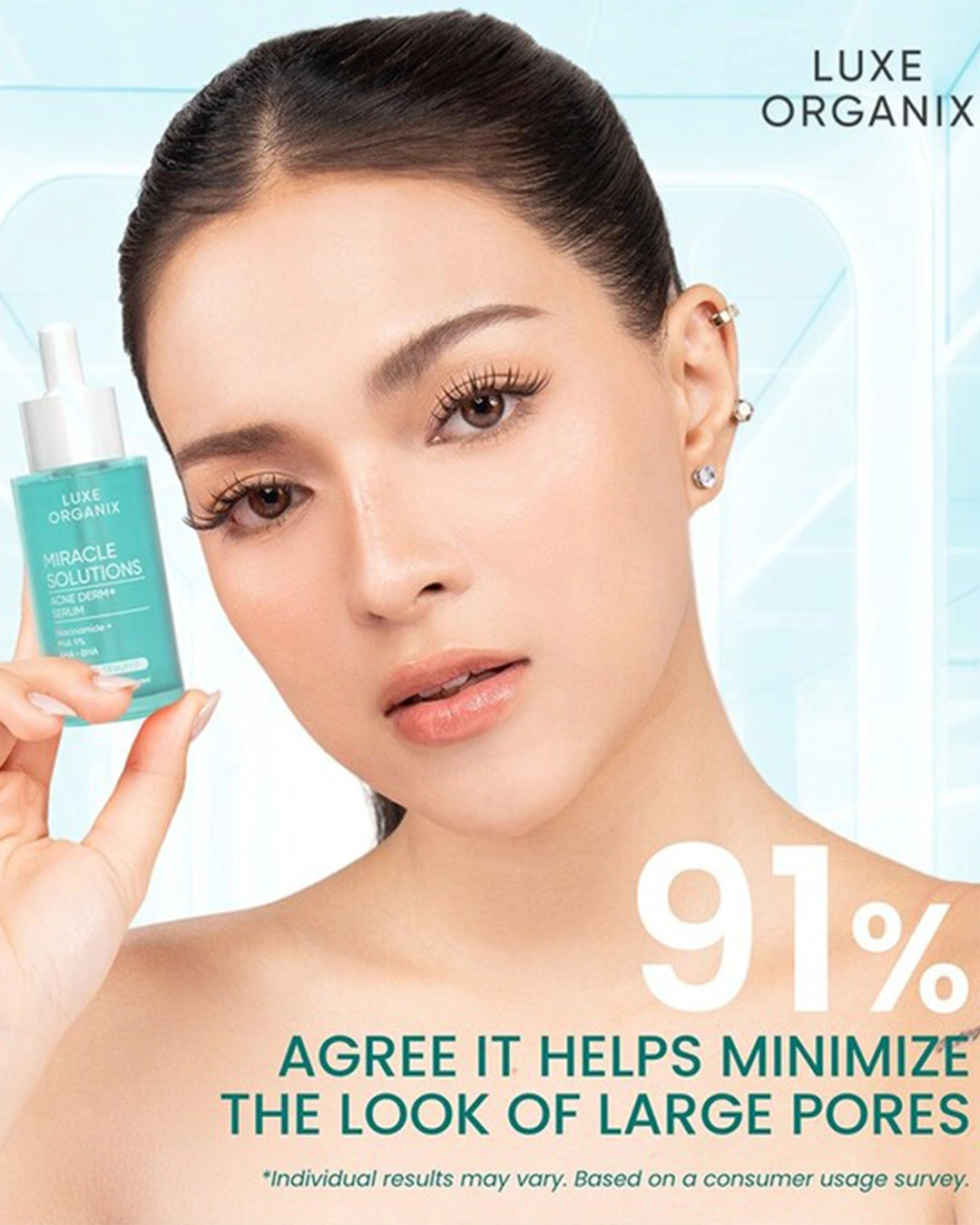 Model holding Luxe Organix Miracle Solutions Acne Derm+ Serum with pore minimizing benefit