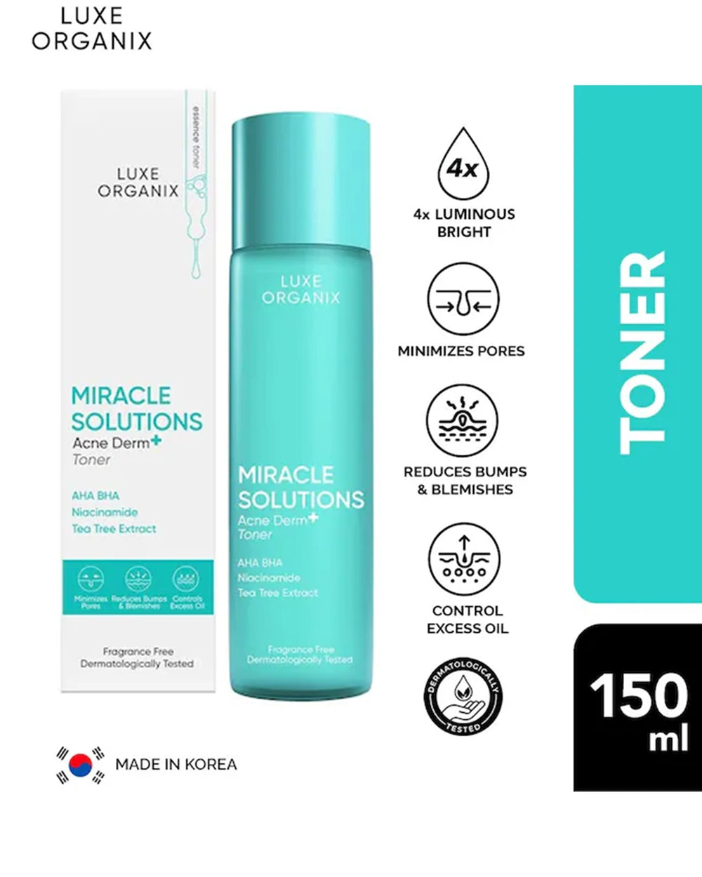 Luxe Organix Miracle Solutions Acne Derm+ Toner 150ml product features and benefits