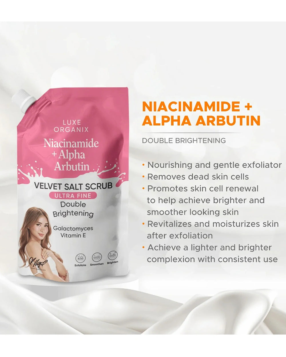 Luxe Organix Velvet Salt Scrub 300g with Niacinamide and Alpha Arbutin highlighting gentle exfoliation hydration and smoother looking skin