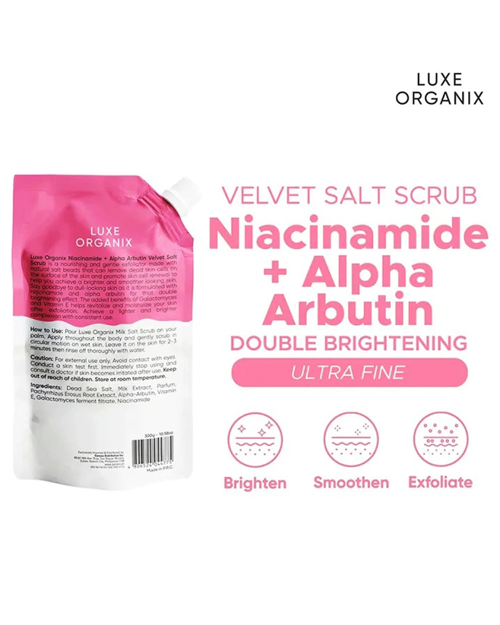Back of Luxe Organix Niacinamide and Alpha Arbutin Velvet Salt Body Scrub 300g pouch showing product label and usage information