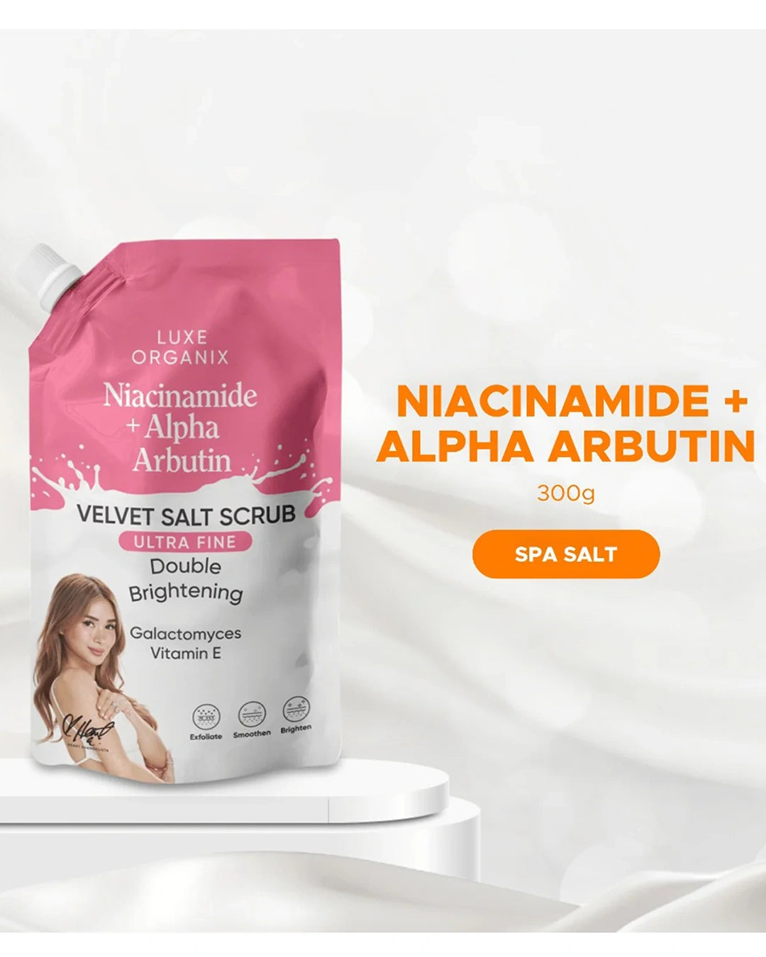 Luxe Organix Velvet Salt Body Scrub showing Niacinamide Alpha Arbutin and SPA Salt ingredients in the brightening body scrub
