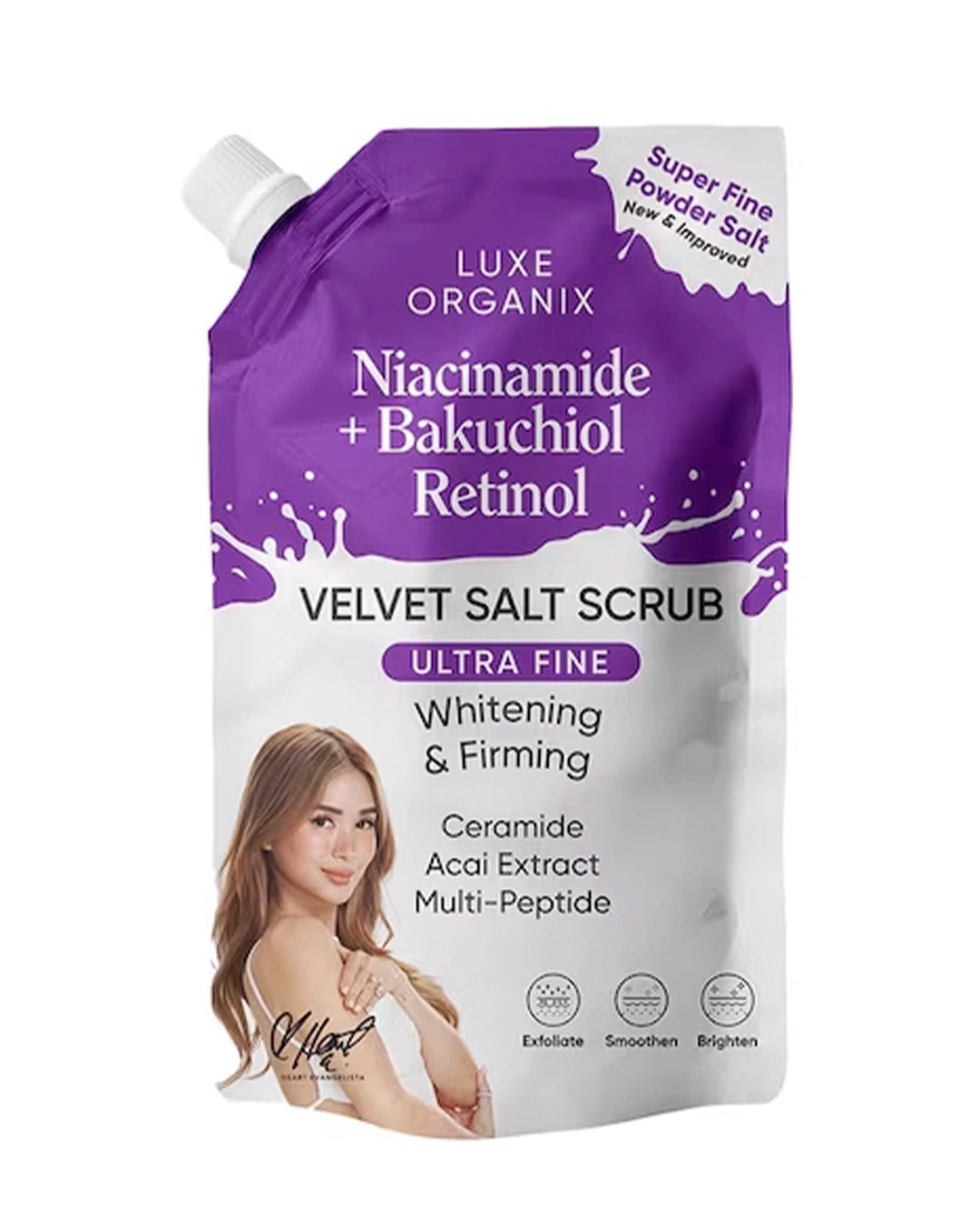 Luxe Organix Niacinamide + Bakuchiol Retinol Velvet Salt Scrub Ultra Fine 300g front pouch for body exfoliation and smoother-looking skin