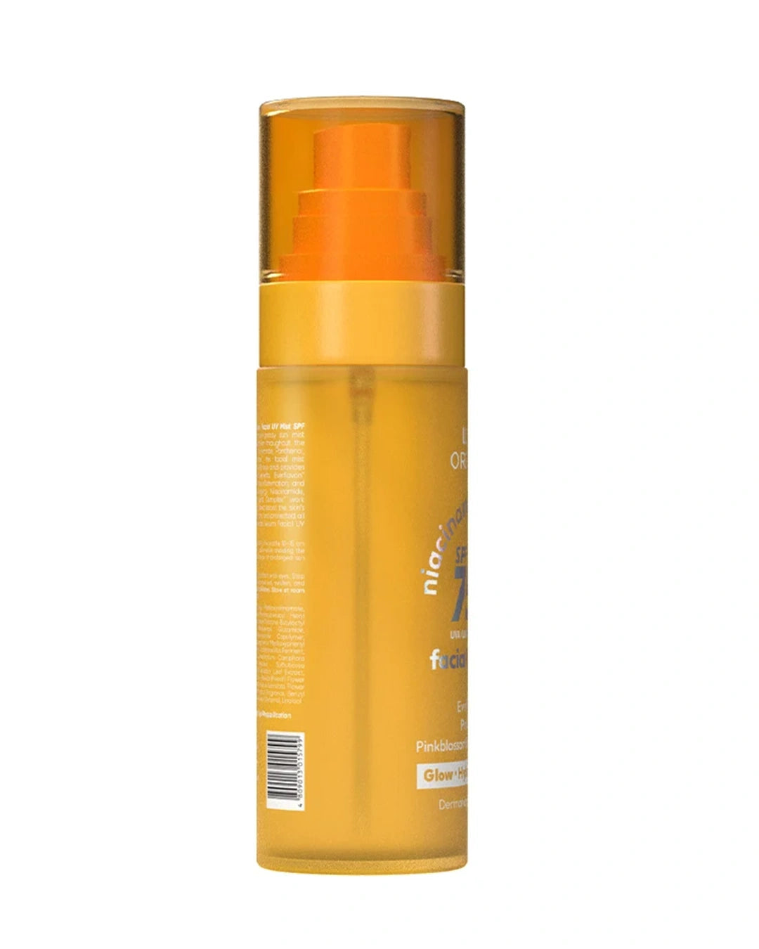 Side view of Luxe Organix Niacinamide Serum Facial UV Mist SPF75+ PA++++ 80ml orange sunscreen mist bottle with spray cap