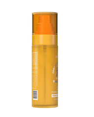Side view of Luxe Organix Niacinamide Serum Facial UV Mist SPF75+ PA++++ 80ml orange sunscreen mist bottle with spray cap