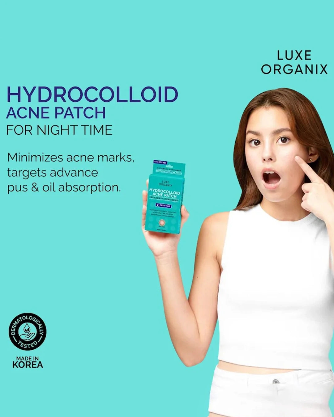 Model holding Luxe Organix Hydrocolloid Acne Patch Night Time packaging with overnight blemish care messaging