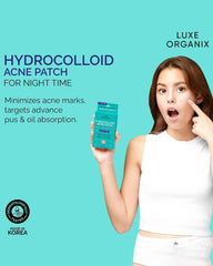 Model holding Luxe Organix Hydrocolloid Acne Patch Night Time packaging with overnight blemish care messaging