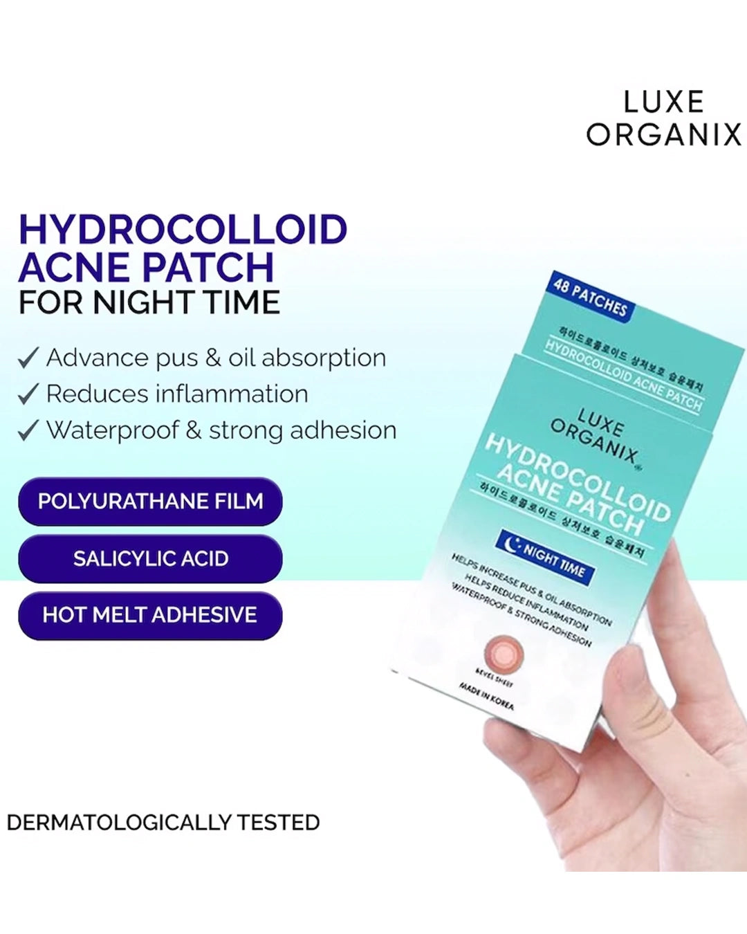 Luxe Organix Night Time Hydrocolloid Acne Patch infographic showing waterproof protection, polyurethane film, sodium carboxymethyl cellulose and hot melt adhesive
