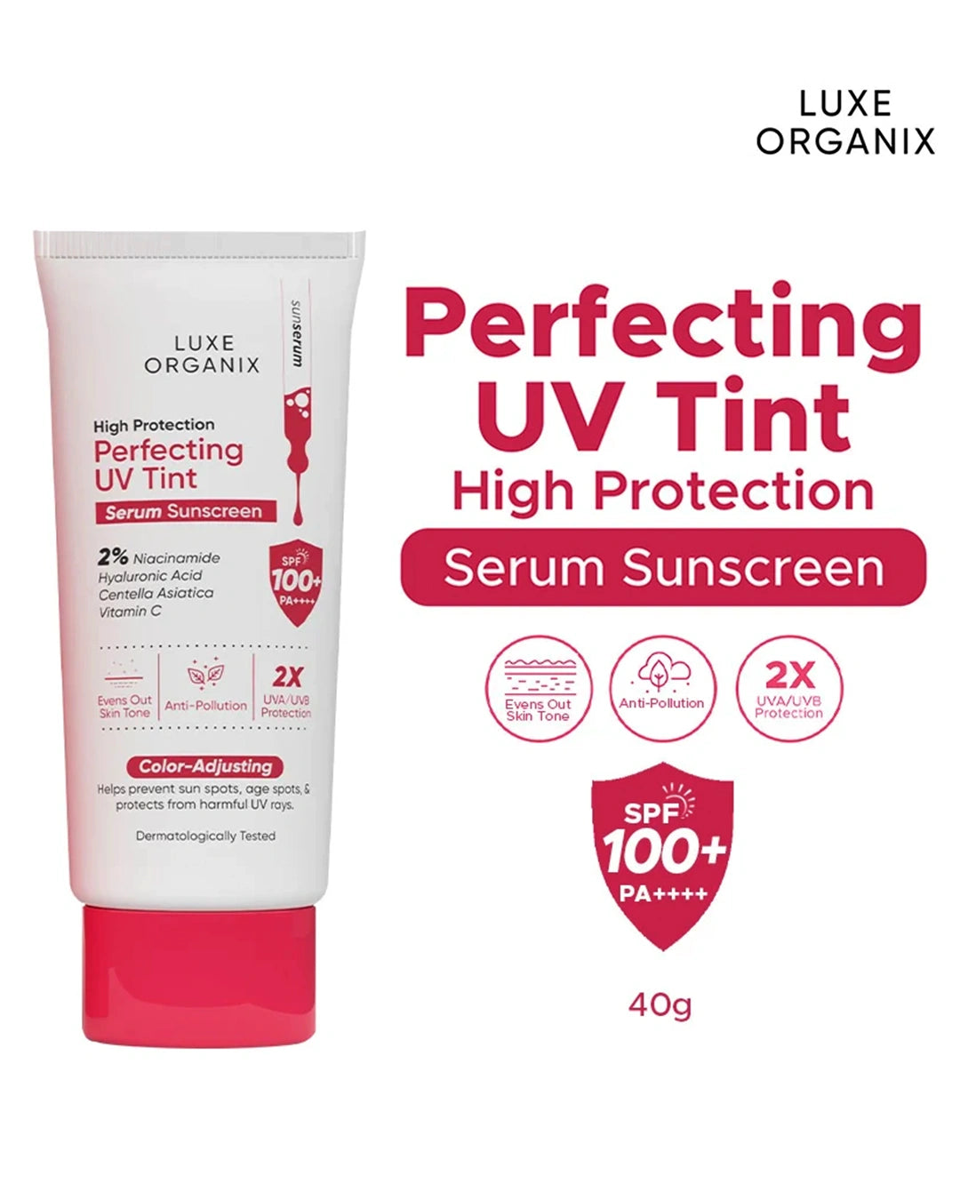 Luxe Organix Perfecting UV Tint Serum Sunscreen 40g promotional image highlighting SPF100+ PA++++ and high UV protection