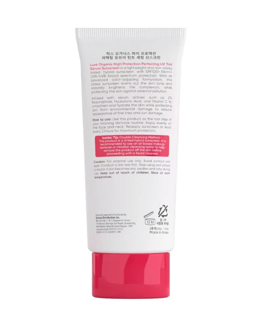 Back of Luxe Organix Perfecting UV Tint Serum Sunscreen 40g showing product information, usage directions and precautions