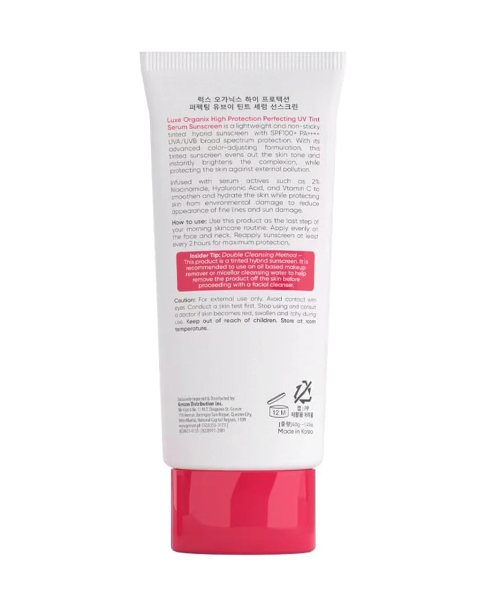 Back of Luxe Organix Perfecting UV Tint Serum Sunscreen 40g showing product information, usage directions and precautions