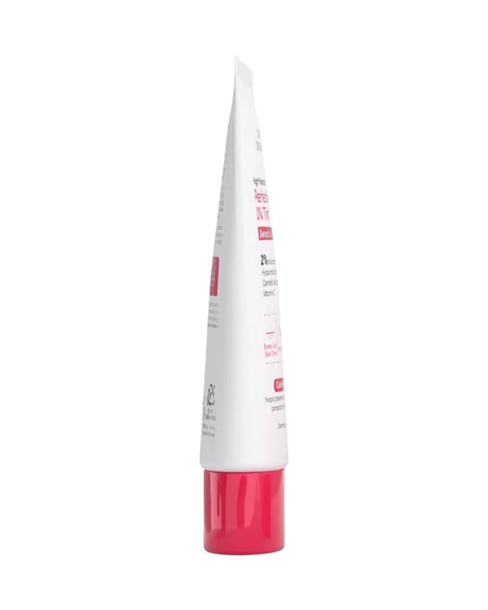 Side view of Luxe Organix Perfecting UV Tint Serum Sunscreen 40g showing the slim white tube and pink cap