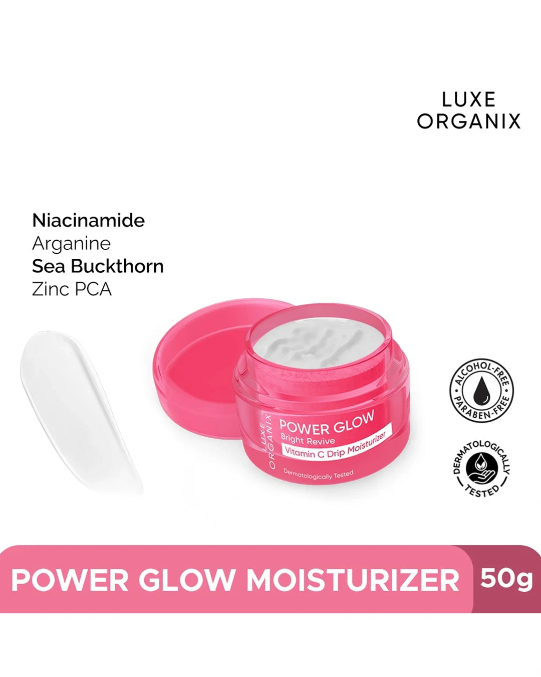 Luxe Organix Power Glow Vitamin C Drip Moisturizer 50g product and skincare details