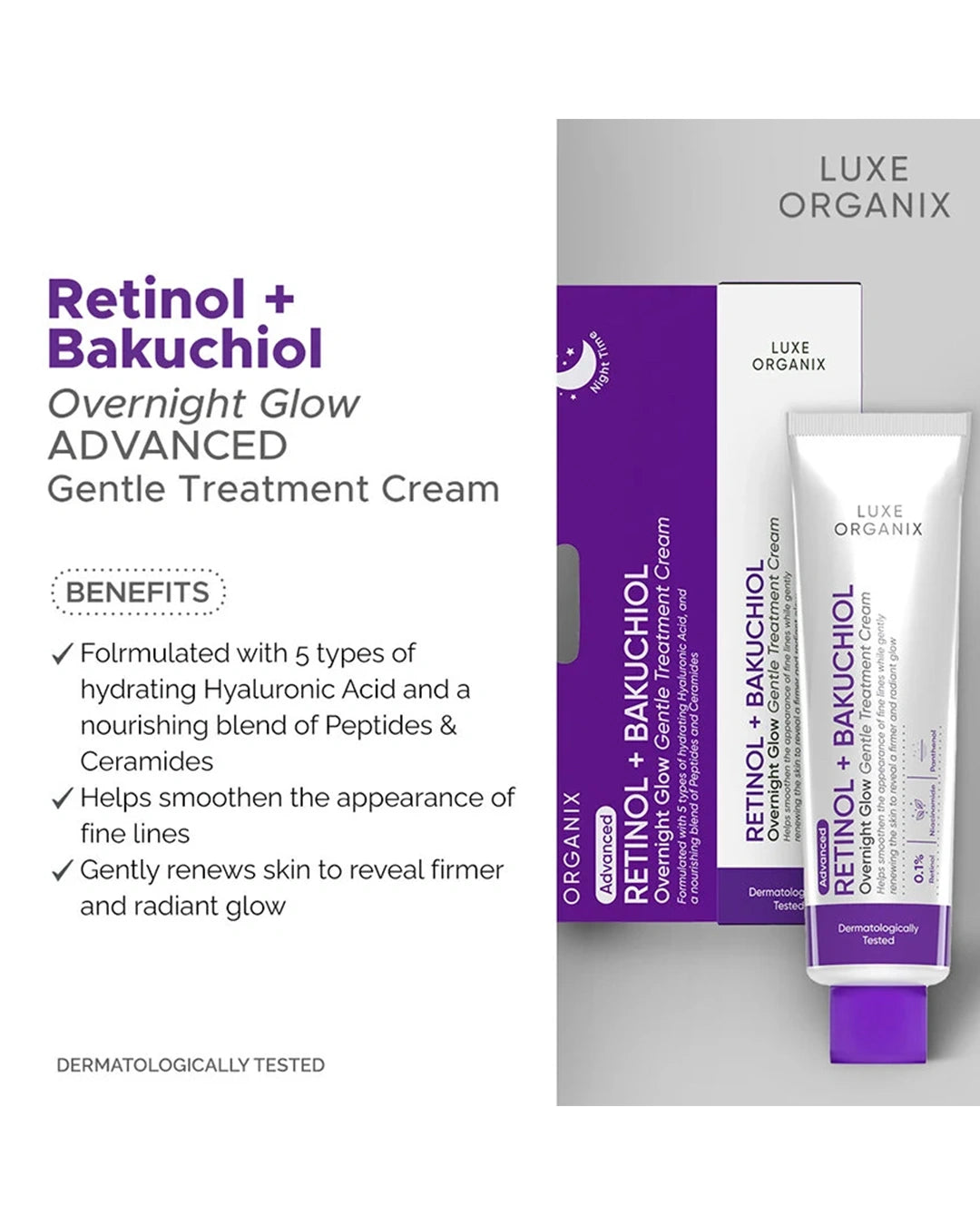 Luxe Organix Retinol + Bakuchiol Overnight Glow Gentle Treatment Cream benefits and product details