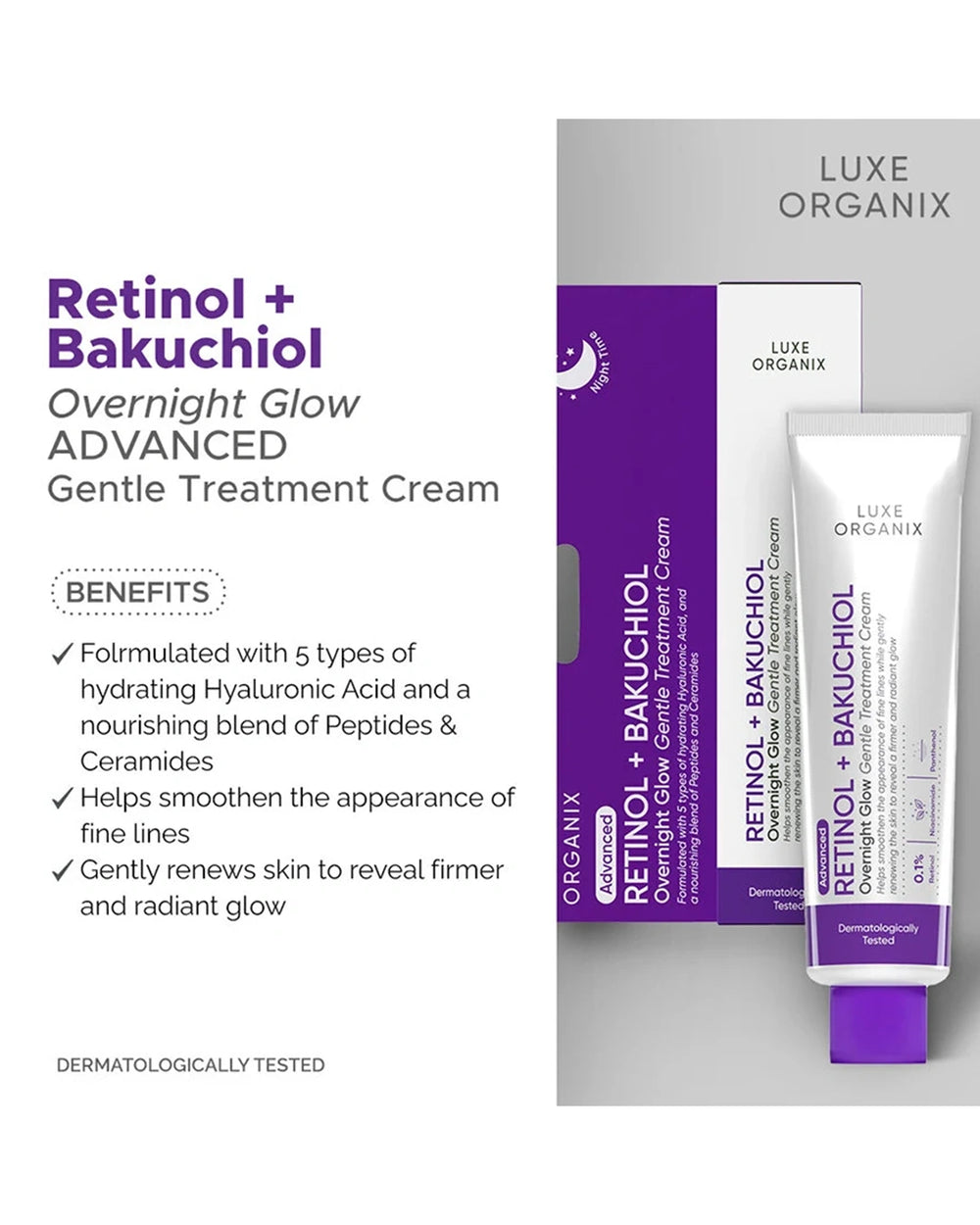 Luxe Organix Retinol + Bakuchiol Overnight Glow Gentle Treatment Cream benefits and product details