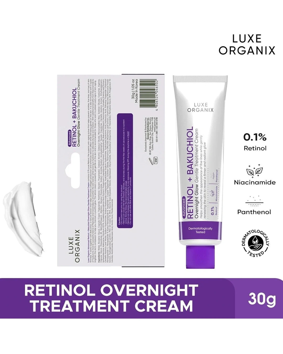 Luxe Organix Advanced Retinol + Bakuchiol Overnight Glow Cream box and tube 30g