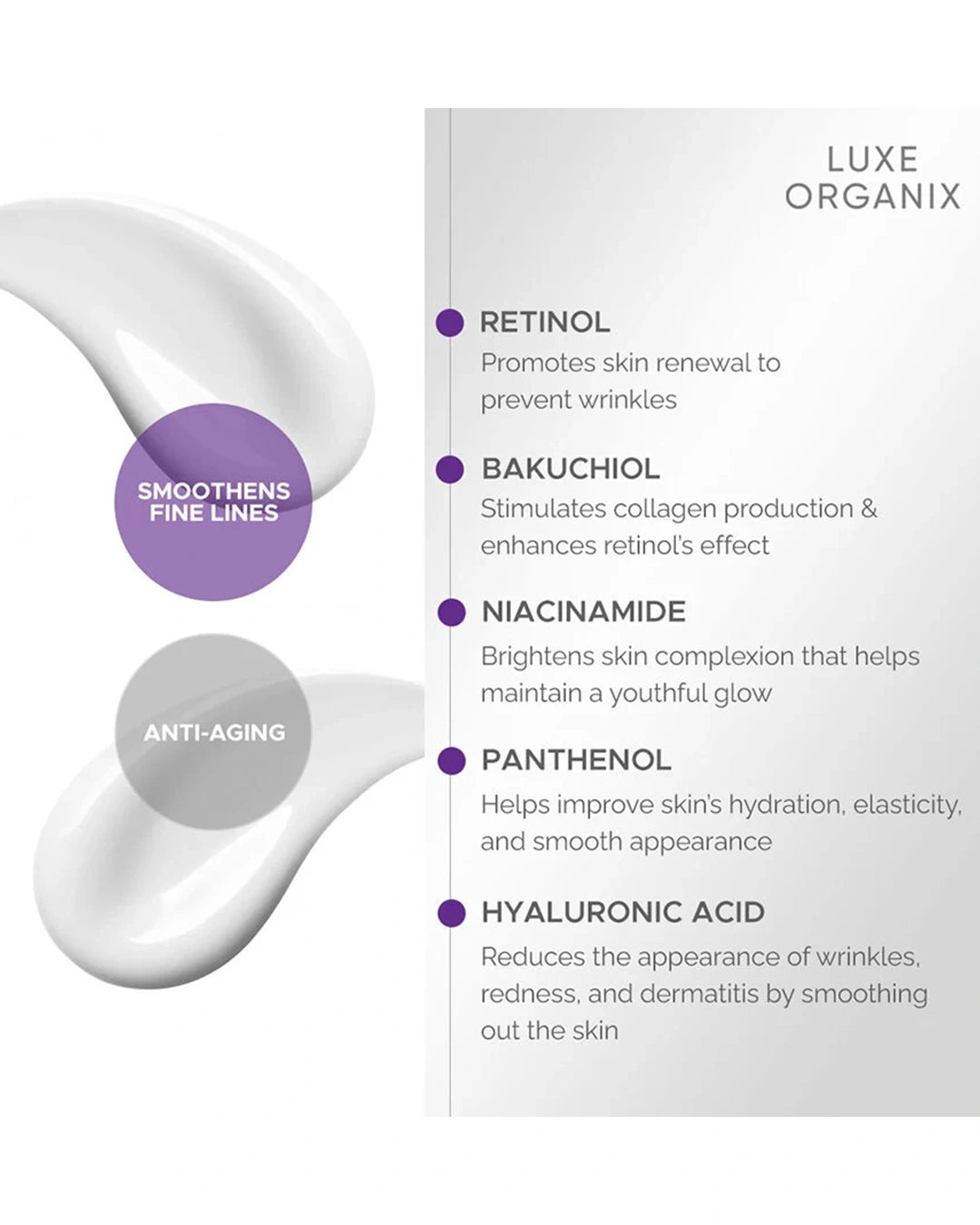 Luxe Organix Retinol + Bakuchiol cream with retinol, niacinamide and panthenol