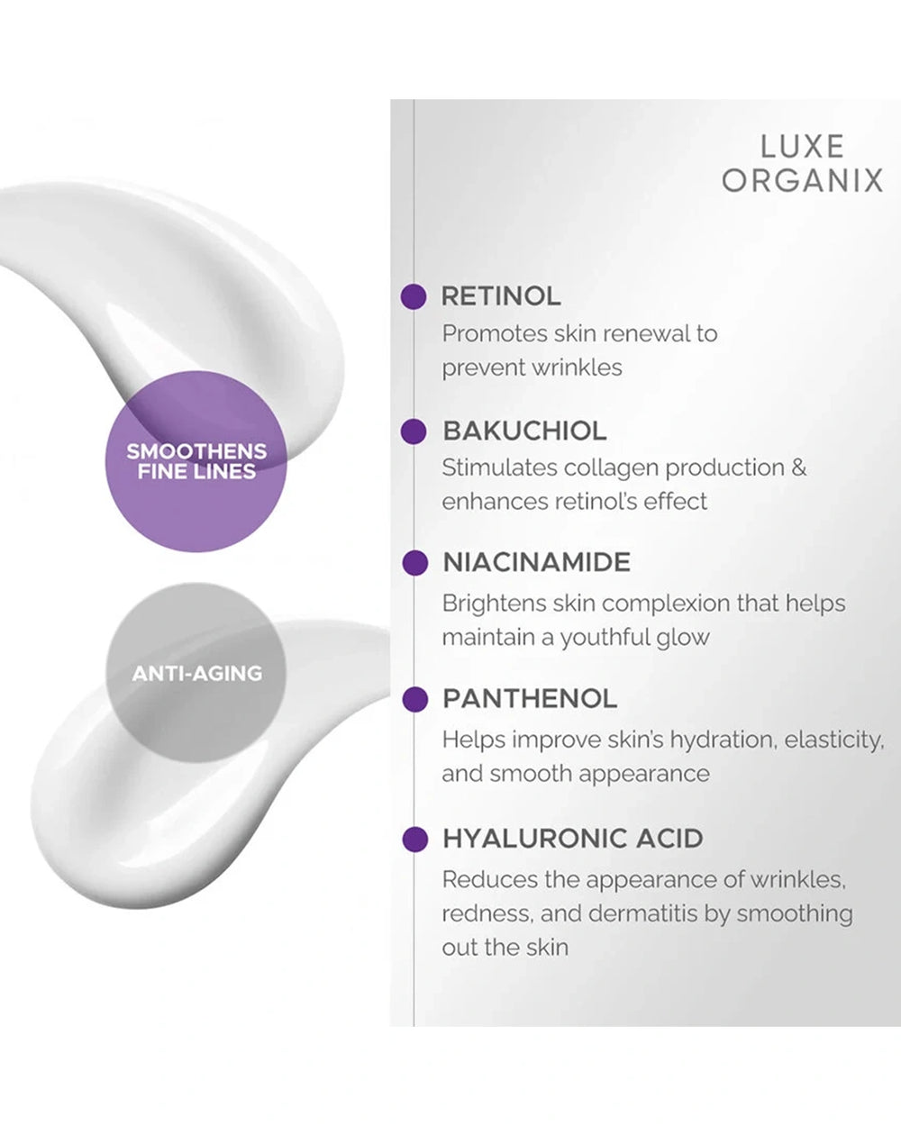 Luxe Organix Retinol + Bakuchiol cream with retinol, niacinamide and panthenol