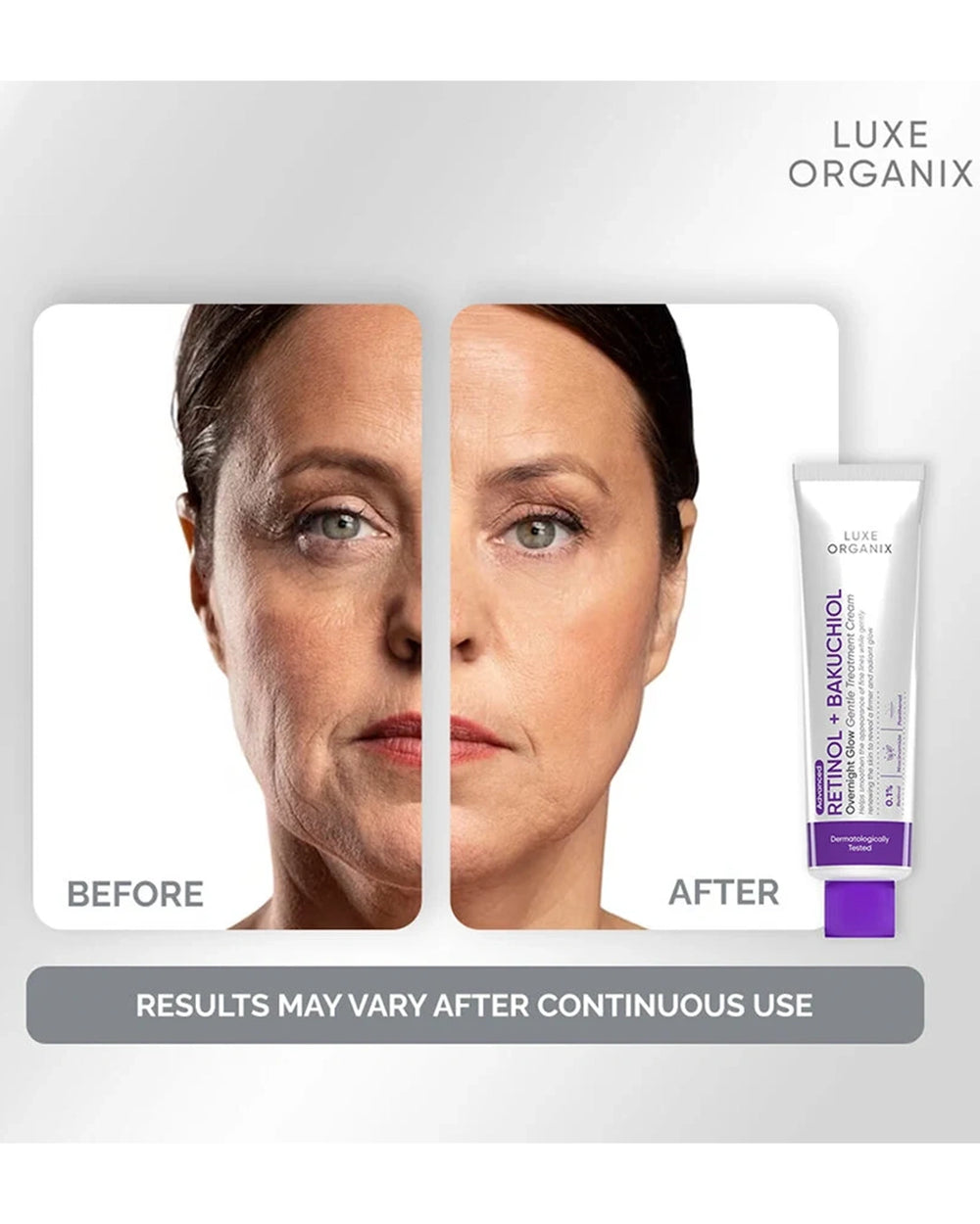 Luxe Organix Retinol + Bakuchiol Overnight Glow Cream skincare results and overnight glow benefits
