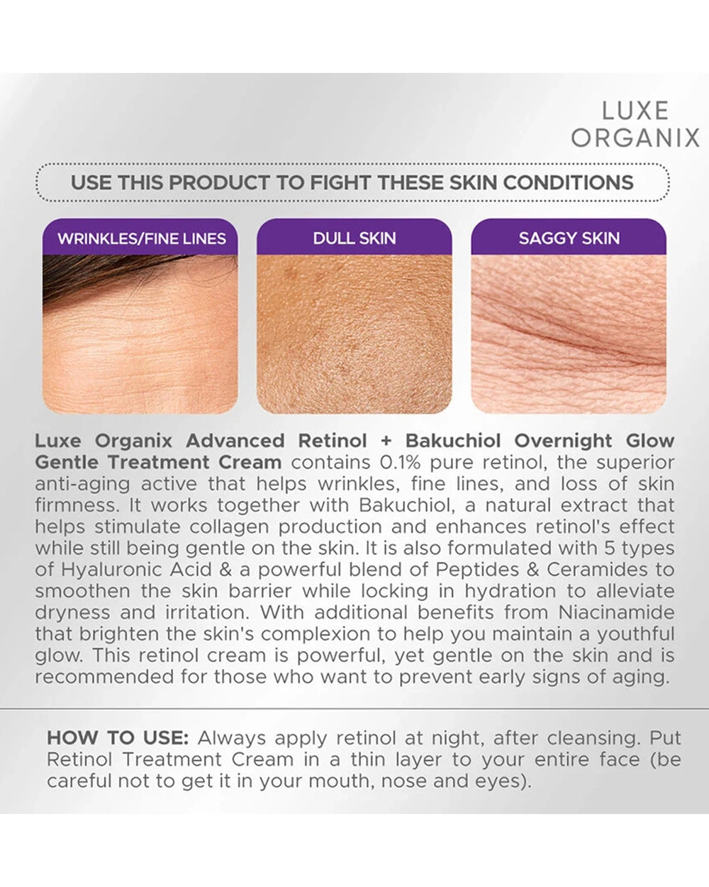Luxe Organix Retinol + Bakuchiol cream texture and visible skin results