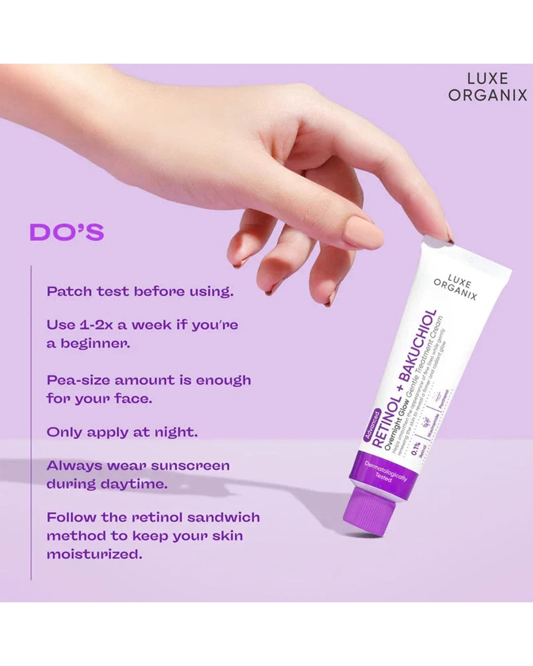 Luxe Organix Retinol + Bakuchiol night cream application and product usage view