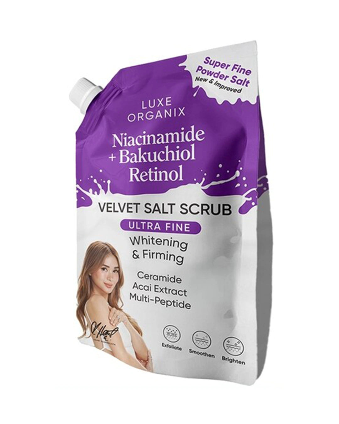 Angled view of Luxe Organix Ultra Fine Velvet Salt Scrub 300g with niacinamide, bakuchiol and retinol in a purple resealable pouch