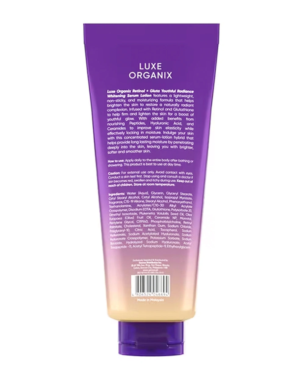Back view of Luxe Organix Retinol + Gluta Serum Body Lotion 350ml showing ingredients, directions and product information