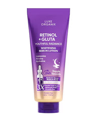 Front view of Luxe Organix Retinol + Gluta Youthful Radiance Whitening Serum Lotion 350ml in a purple tube