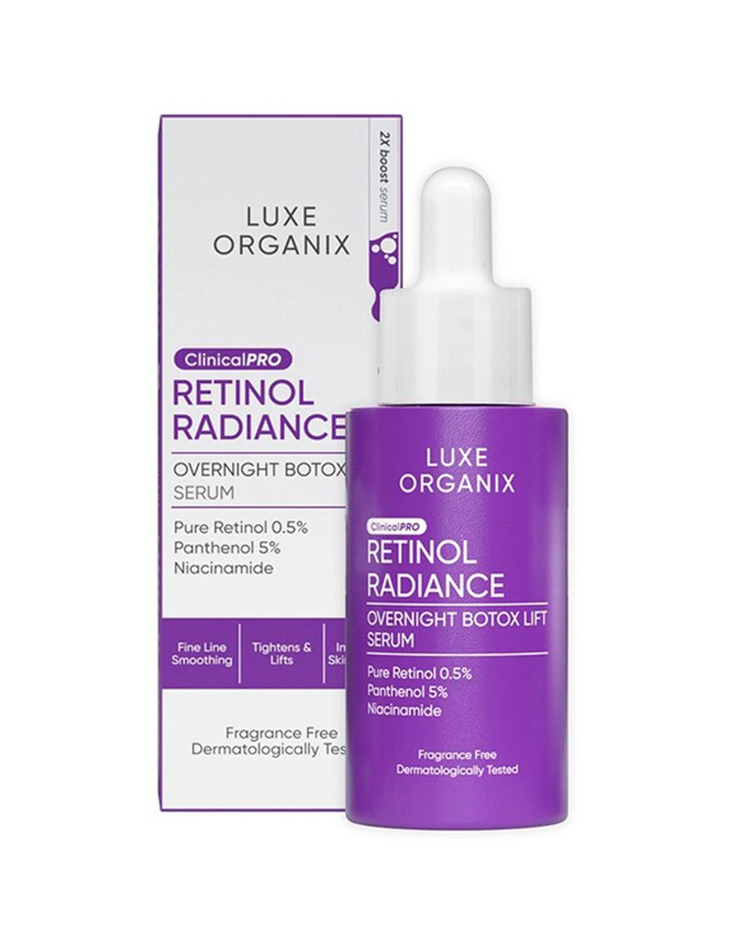 Luxe Organix Retinol Radiance Serum 30ml with box and dropper bottle