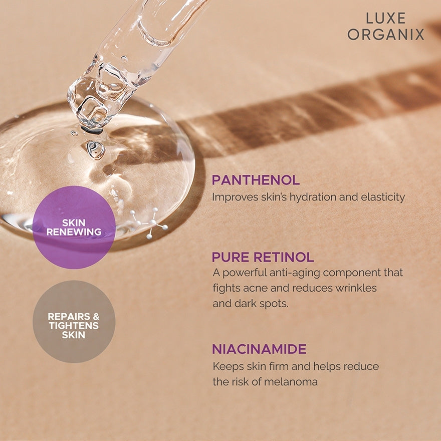 Luxe Organix Retinol Radiance Serum ingredients Panthenol Pure Retinol and Niacinamide