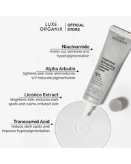 Luxe Organix Intensive Underarm Whitening Cream 40g infographic featuring niacinamide alpha arbutin tranexamic acid and licorice root extract