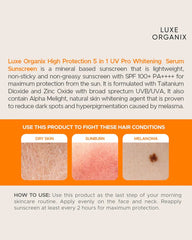 Luxe Organix UV Pro Mineral Sunscreen SPF100+ 40g texture guide showing sunscreen swatches and product application information