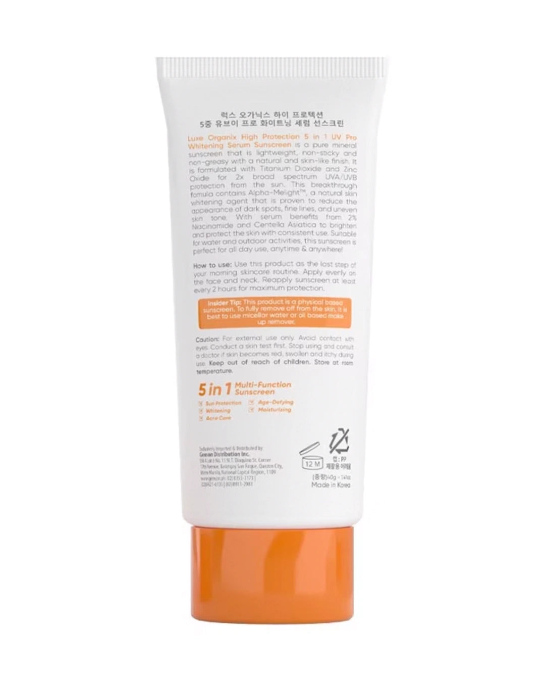 Back view of Luxe Organix UV Pro Whitening Serum Sunscreen SPF100+ 40g tube showing product information and directions for use